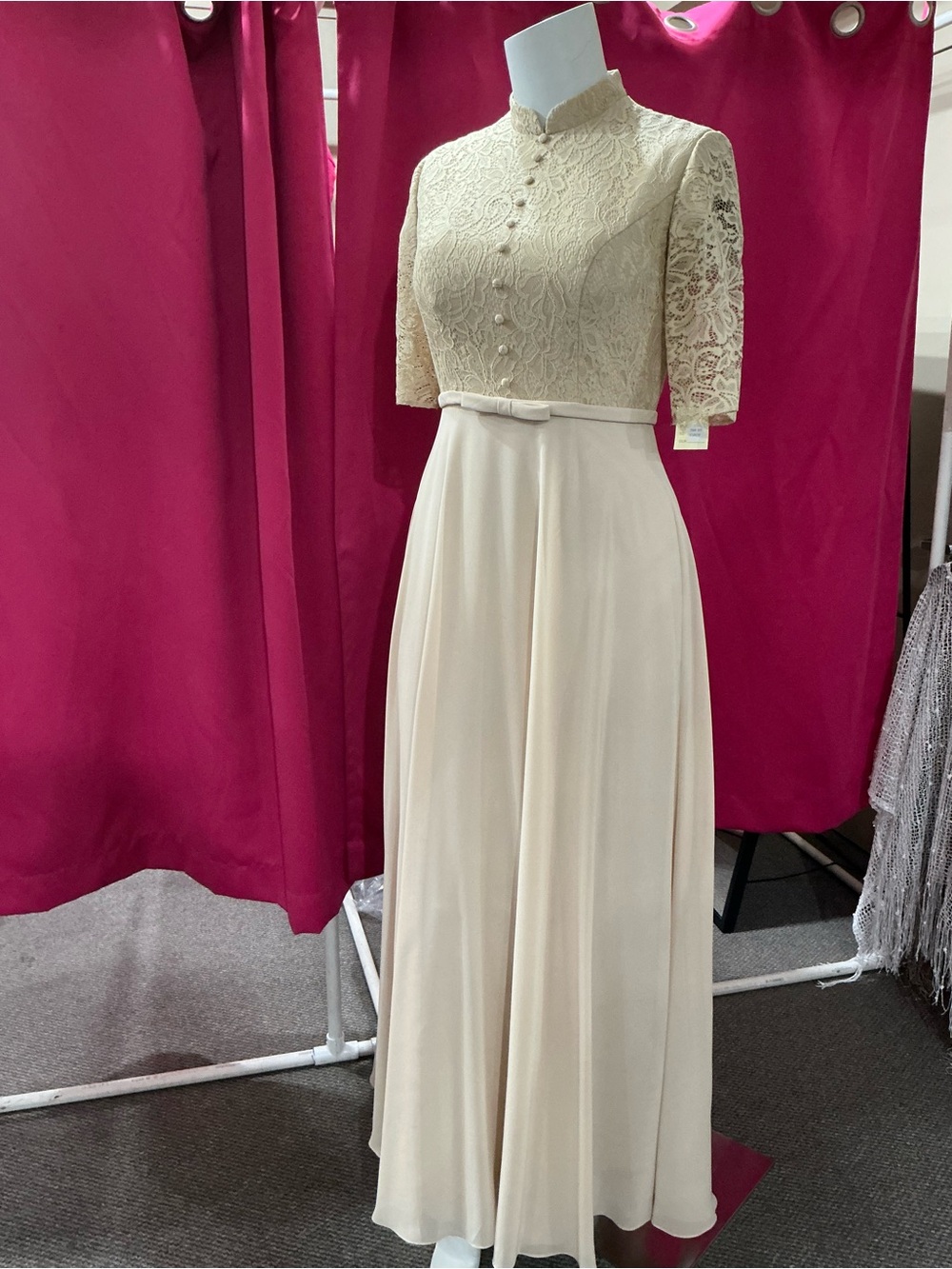 Venus Bridal Cream Lace Top Maxi Gown with Bow Waist